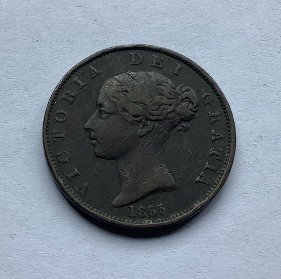 Great Britain 1855 halfpenny coin.